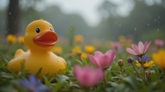 Cheerful yellow rubber duck sits among colorful flowers lush garden, creating playful and vibrant scene. gentle rain adds refreshing touch to this