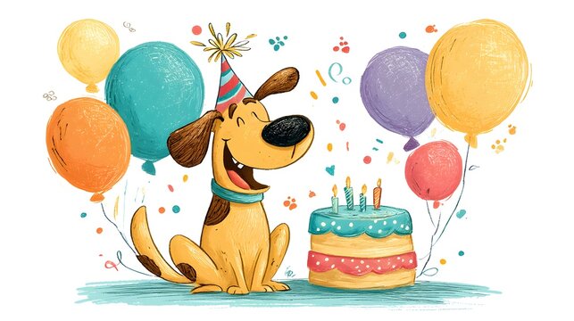 A playful cartoon dog wearing a striped party hat celebrating with floating balloons and layered birthday cake. Festive pet concept
