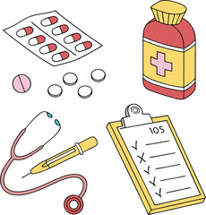 Medical Illustration: Pills, Bottle, Stethoscope, Syringe, and Clipboard for Healthcare Concepts.