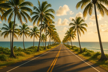 Fototapeta premium Palm trees lining a road.