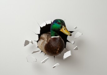 Mallard duck bursting through a fractured white wall, an unexpected arrival