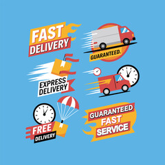 Delivery Service Icons Set Featuring Fast, Express, and Free Shipping on a Blue Background.