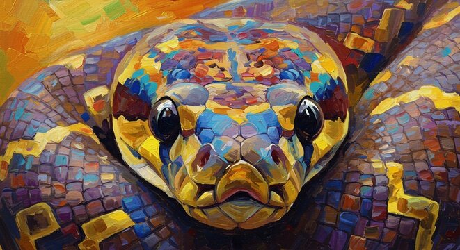 "Artistic painting of an African rock python featuring its hypnotic patterns and sinuous body in a colorful acrylic style"