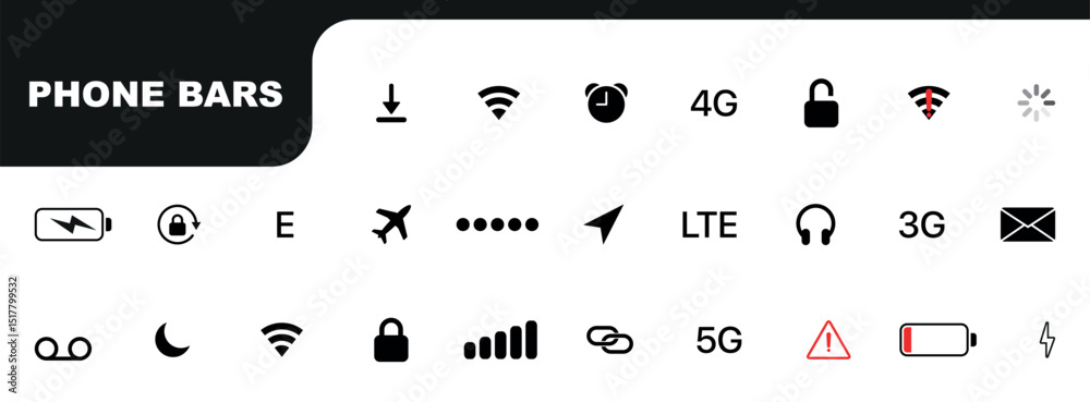 Poster Phone bar status Icons. mobile icons GUI design set status bar icons battery life icons. Status bar icon set. Vector illustration