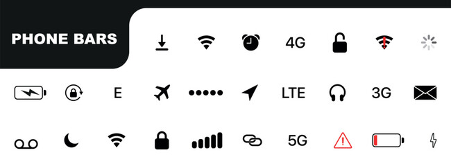 Phone bar status Icons. mobile icons GUI design set status bar icons battery life icons. Status bar icon set. Vector illustration