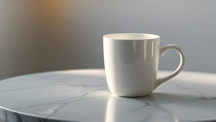 White Ceramic Mug on Marble Table – Side View with Natural Light