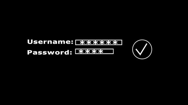 Animation process of entering username and password with access denied screen and check mark on black background.