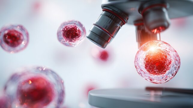 Cord Blood Awareness Month, Illustration of stem cells in cord blood under microscope, medical infographic style, vivid detail, cellular structure