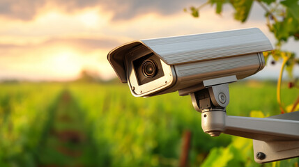 Security Camera Outdoor Surveillance Device in Natural Setting at Sunset, AI-powered precision farming camera.