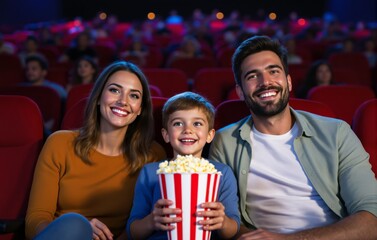 Smiling family with child enjoying popcorn in movie theater, vibrant colorful style, indoor red seat background, concept of fun and togetherness. Ai generative