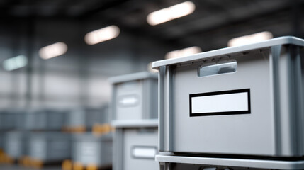 Close up of metal storage boxes in warehouse, organized and labeled for inventory management, with blurred background of shelves and lighting, conveying logistics and supply chain efficiency