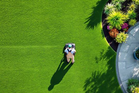 Aerial view of a person mowing a vibrant green lawn near a landscaped garden with colorful plants, in a clean illustrative style, concept of gardening. Ai generative