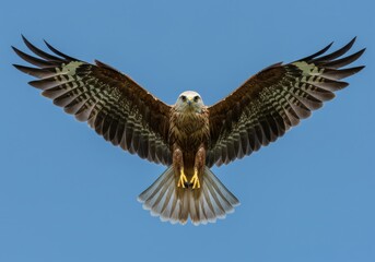 Fototapeta premium Spectacular flight of a marsh harrier against a pure azure canvas background