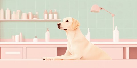Stylized illustration of a Labrador dog sitting calmly on a grooming salon table. Minimal pastel interior with beauty products and soft lighting creates a clean, modern pet care scene..
