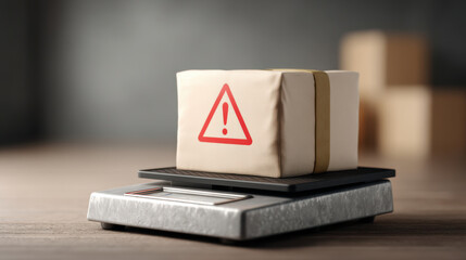 Wrapped package with warning sign on it is placed on digital scale, indicating potential hazard or caution. background is blurred with some boxes, suggesting storage or shipping environment
