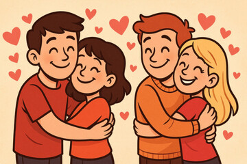 Couple hugging and smiling with hearts in background.