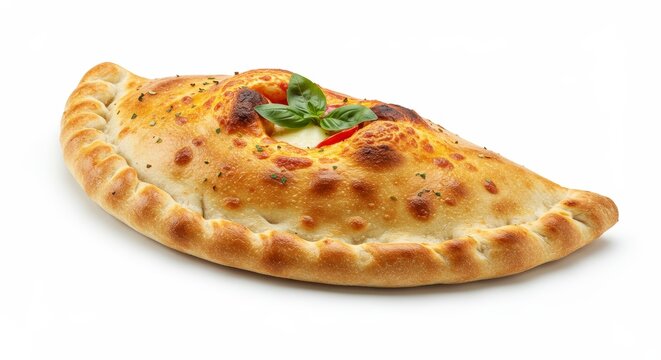 Golden baked calzone with fresh basil leaves on a clean white background