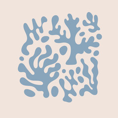 Square sea poster. Hand drawn coral and seaweed. Vector summer pattern