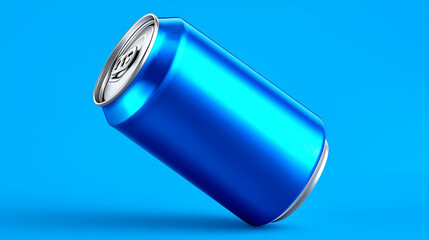 Blue Aluminum Can on Bright Blue Background for Refreshment and Beverage Advertising