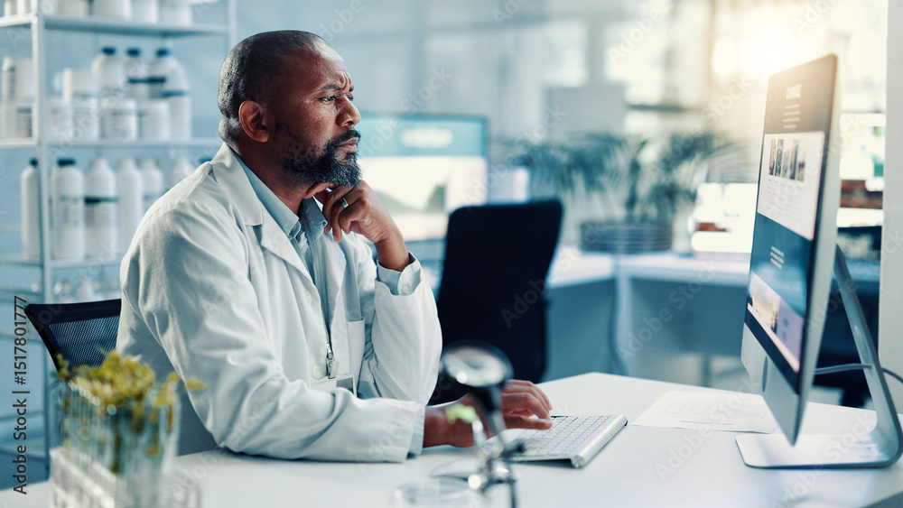 Aufkleber Computer screen, science and thinking with black man in laboratory for development or research. Healthcare, innovation and problem solving with scientist at desk for breakthrough or online solution