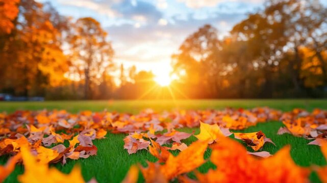 Autumn leaves, orange leaf, green grass, and golden sunlight create peaceful atmosphere park during sunset, with vibrant nature colors and dreamy outdoor landscape autumn leaf, sunlight, park, nature