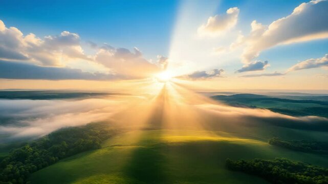 Sunrise rays illuminate misty green landscape with rolling hills, dramatic clouds, and serene sky, creating peaceful and inspiring morning scene nature, where sunlight bathes hills and clouds