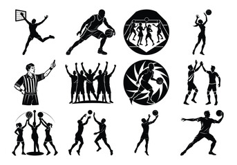 Basketball Silhouette Icons – Players, Referee, Slam Dunks, Team Plays & Court Actions © Jubad21