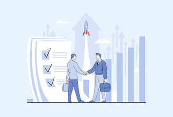 Businessmen shaking hands after signing contract, startup concept, business idea development, project management. Flat vector illustration, business banner.