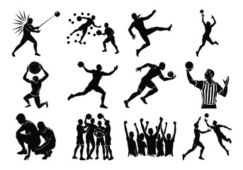 Silhouette Icons of Handball Players, Referees, and Team Celebrations in Action Poses
