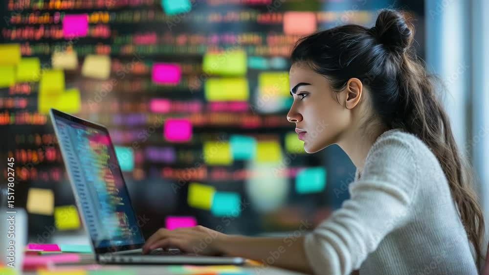 Poster focused programmer: a diligent woman engrossed in coding, with a modern laptop displaying lines of i