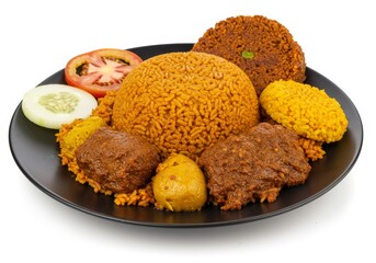 Exotic jollof rice meal presented with colorful complements and fresh garnish