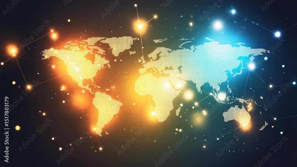 Poster global communication network with glowing nodes on a digital world map background