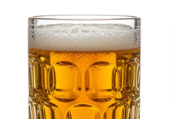 Refreshing glass of beer with foam head on a stark white backdrop detail