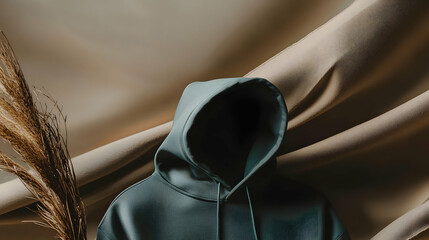 Obraz premium Teal Hoodie Displayed Against Beige Drapery