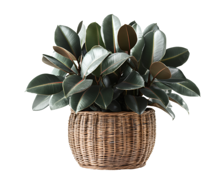 A fed male rubber plant in a rattan basket, isolated on a transparent background,