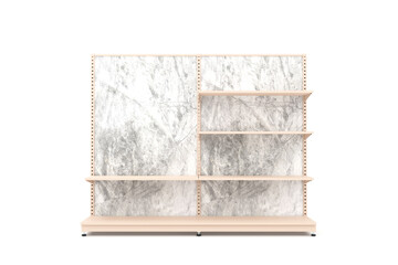 old wooden cabinet. 3d rendering of asymmetrical store shelf with beige frame and marble wall backdrop. Designed for retail mockups and product display visualization.