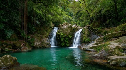 Twin waterfalls flow into a turquoise pool, surrounded by lush rainforest. Nature's serene beauty in a tropical paradise.