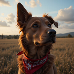 Dog with Red Bandana in Field at Sunset