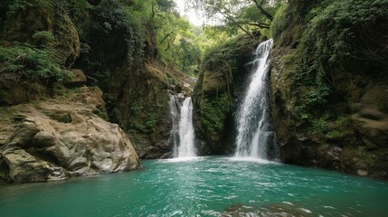 Twin waterfalls flow into a turquoise pool, surrounded by lush rainforest. Nature's serene beauty in a tropical paradise.