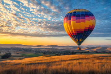 Hot air balloon rising above a vast open field at dawn. Generative AI