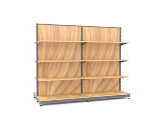 empty wooden box. 3d render of empty wooden retail shelf with metal structure isolated on white background. Modern supermarket display rack for merchandising and store mockup.