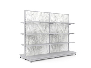 empty warehouse shelves. 3d render of commercial gray shelving unit with marble panel background. Suitable for product placement and retail display mockups.