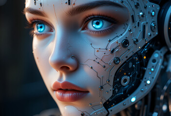 Futuristic Cyborg Face with Glowing Blue Eyes
