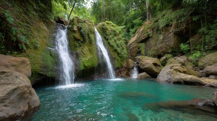 Fototapeta premium Twin waterfalls flow into a turquoise pool, surrounded by lush rainforest. Nature's serene beauty in a tropical paradise.