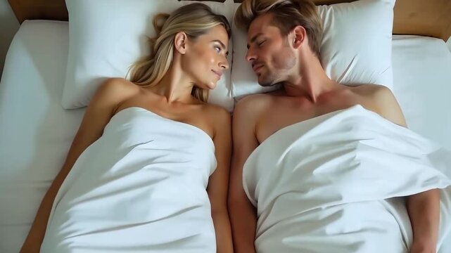 Young couple in bed, the woman watches the man sleep