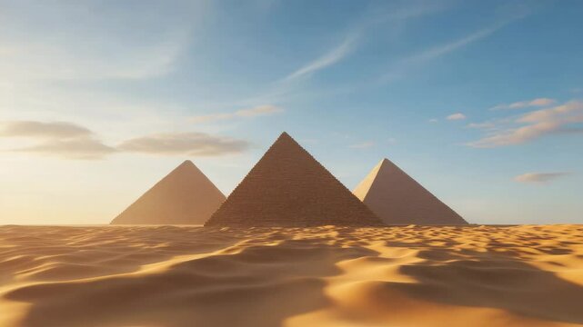 Ancient pyramid architecture stands majestically Egypt&rsquo;s golden desert, surrounded by soft sand dunes clear blue sky with gentle clouds, as warm sunlight casts dramatic shadows, evoking sense