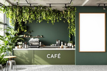 Modern café interior with coffee equipment, hanging plants, and green walls, on a clean indoor background. Concept of eco-friendly hospitality. Ai generative