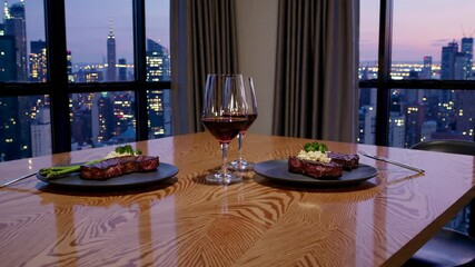 Luxurious penthouse dining featuring gourmet steak dinner with manhattan skyline sunset view through large windows, accompanied by red wine