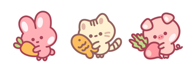 Cute little bunny, cat and pig. Cartoon tidy vector isolated set. Kawaii style collection.