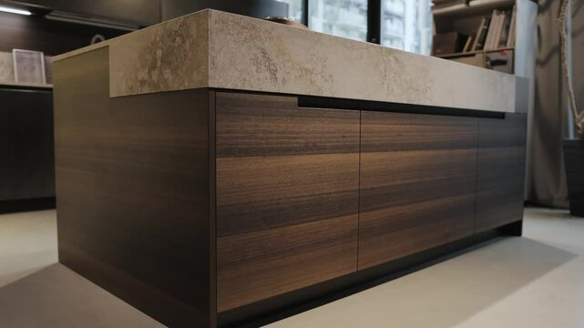 Kitchen island design with stylish stone and wood. Kitchen with shelves for storage, in a modern stylish interior